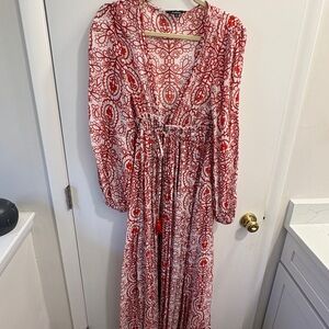 Aakaa Red and White Long Sleeve Maxi Dress